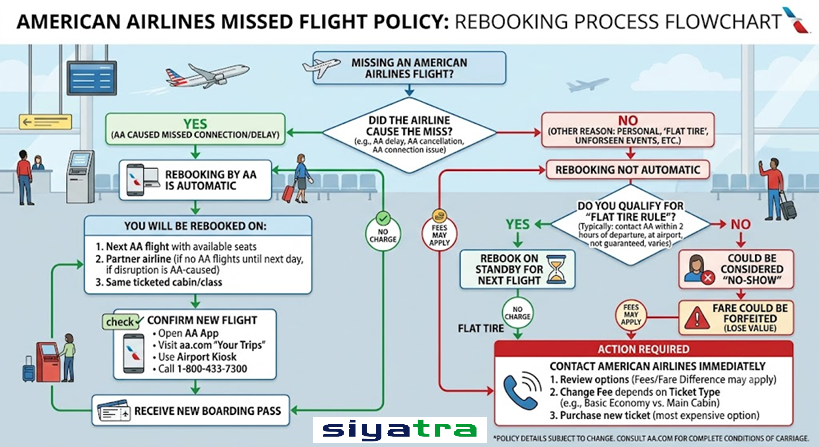 American Airlines Missed Flight Policy (2026): No-Show Rules, Rebooking & Fees 107 American Airlines missed flight policy flowchart showing rebooking process